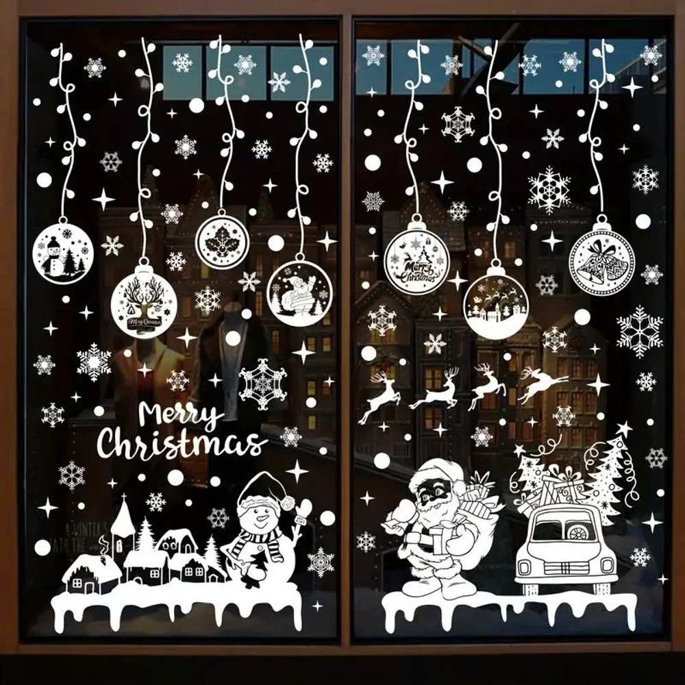 Combo 9 Tấm Decal Màu Trắng 2 Mặt Trang Trí Ông Già Noel Và Và Người Tuyết Phát Quà