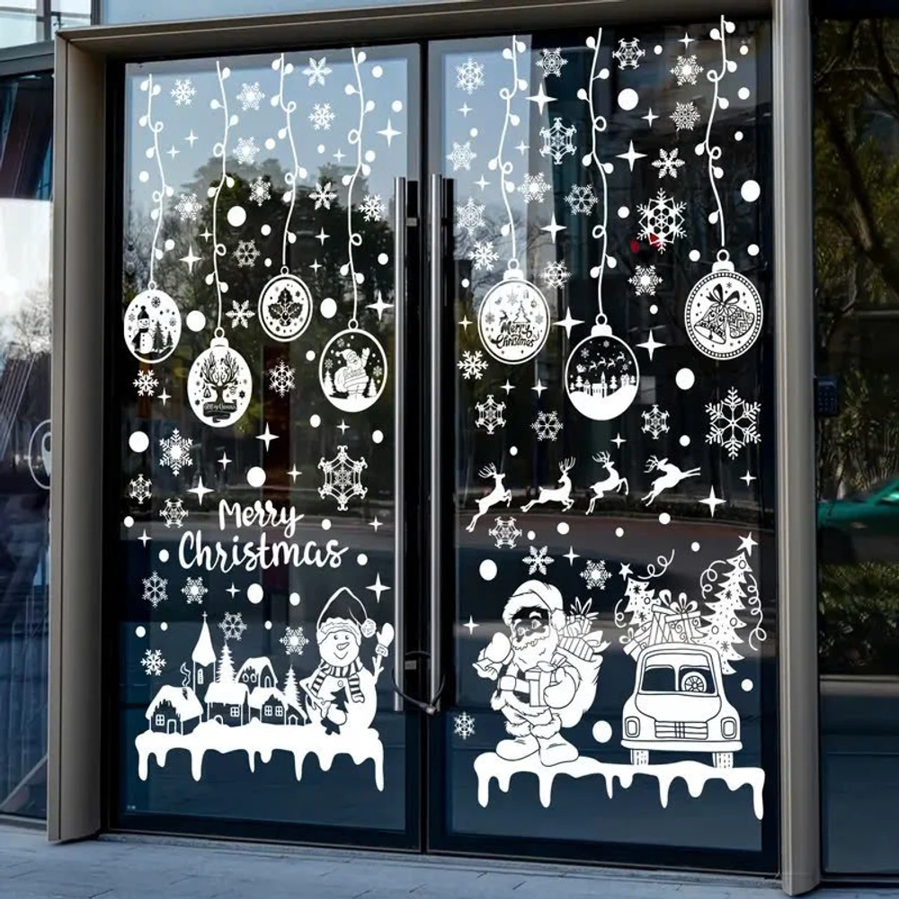 Combo 9 Tấm Decal Màu Trắng 2 Mặt Trang Trí Ông Già Noel Và Và Người Tuyết Phát Quà