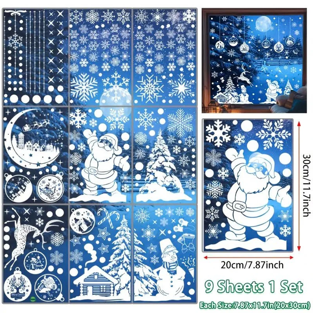 Combo 9 Tấm Decal Màu Trắng 2 Mặt Trang Trí Ông Già Noel Và Và Người Tuyết Vui Đón Giáng Sinh