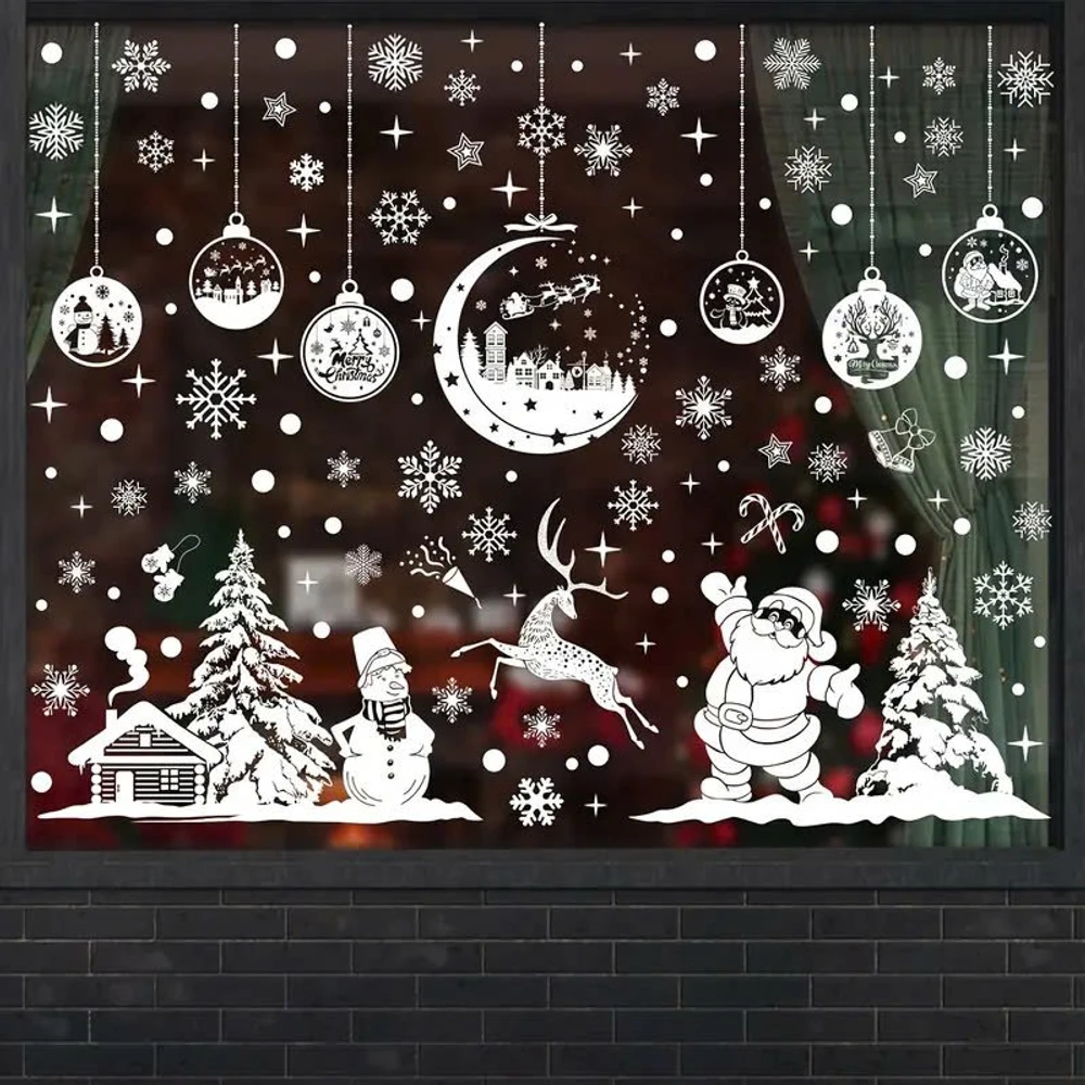 Combo 9 Tấm Decal Màu Trắng 2 Mặt Trang Trí Ông Già Noel Và Và Người Tuyết Vui Đón Giáng Sinh