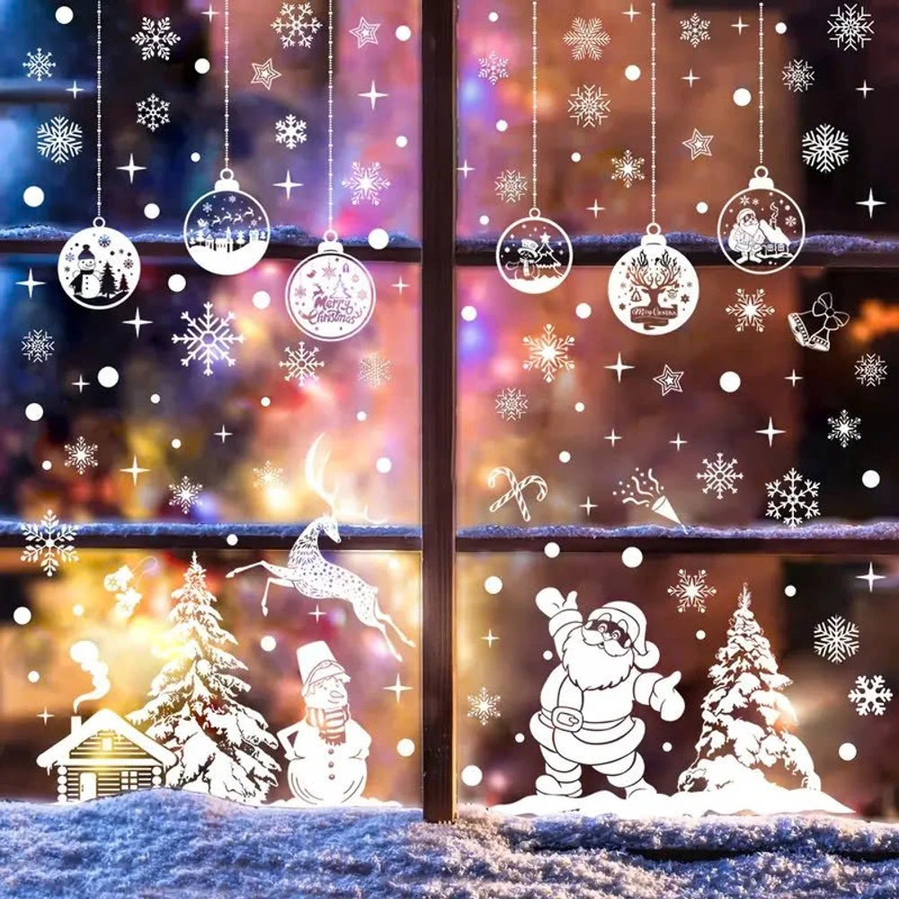 Combo 9 Tấm Decal Màu Trắng 2 Mặt Trang Trí Ông Già Noel Và Và Người Tuyết Vui Đón Giáng Sinh