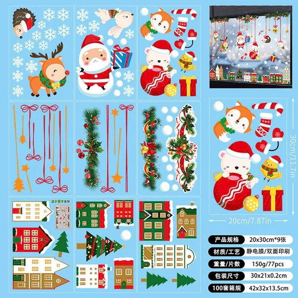 Combo 9 Tấm Decal Tĩnh Điện 2 Mặt Trang Trí Dây Treo Ông Già Noel Và Thành Phố Sắc Màu