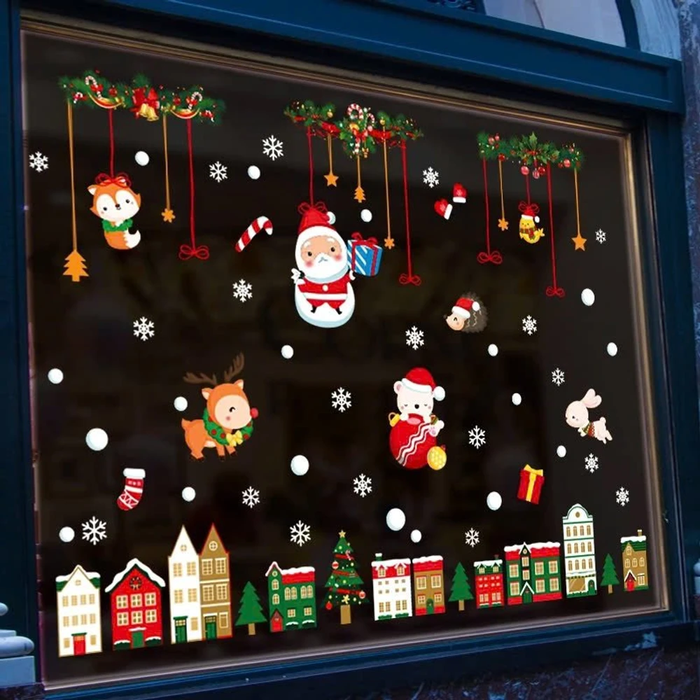 Combo 9 Tấm Decal Tĩnh Điện 2 Mặt Trang Trí Dây Treo Ông Già Noel Và Thành Phố Sắc Màu