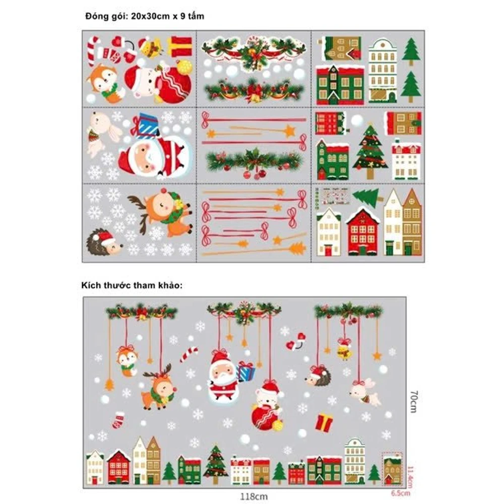 Combo 9 Tấm Decal Tĩnh Điện 2 Mặt Trang Trí Dây Treo Ông Già Noel Và Thành Phố Sắc Màu
