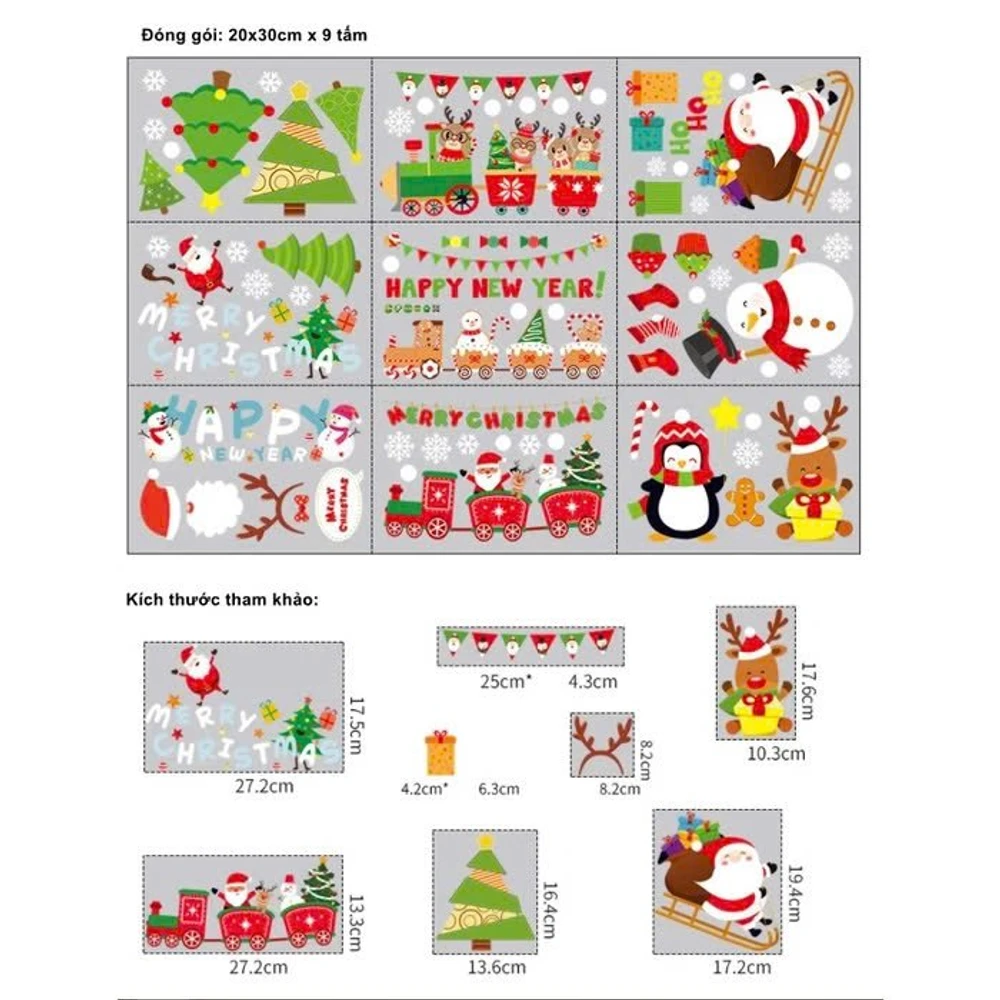 Combo 9 Tấm Decal Tĩnh Điện 2 Mặt Trang Trí Dây Treo Ông Già Noel Và Thành Phố Sắc Màu