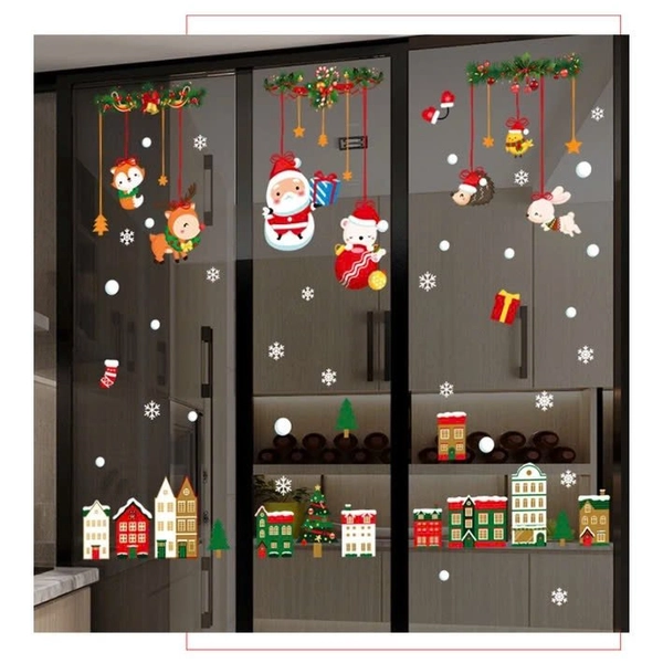 Combo 9 Tấm Decal Tĩnh Điện 2 Mặt Trang Trí Dây Treo Ông Già Noel Và Thành Phố Sắc Màu