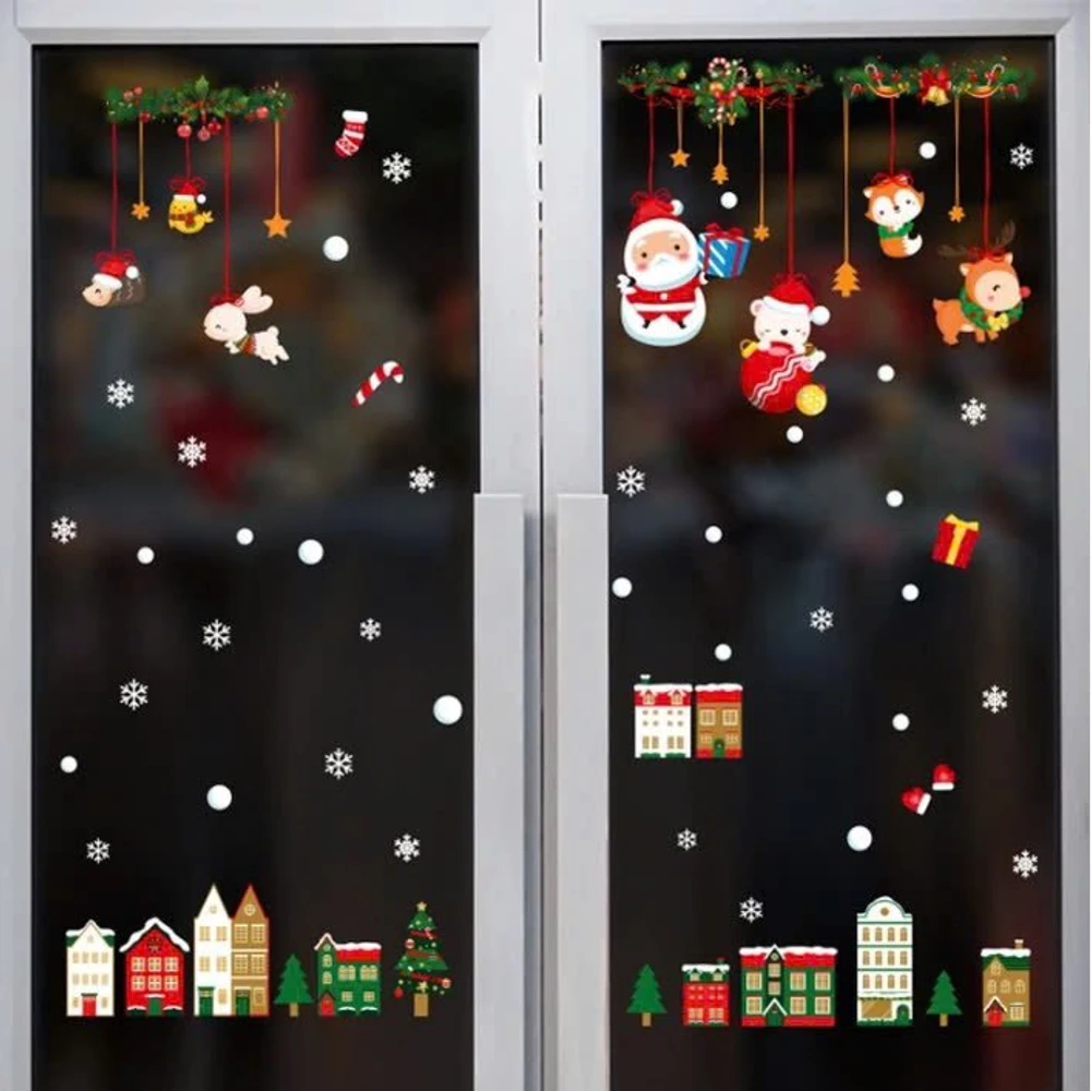 Combo 9 Tấm Decal Tĩnh Điện 2 Mặt Trang Trí Dây Treo Ông Già Noel Và Thành Phố Sắc Màu