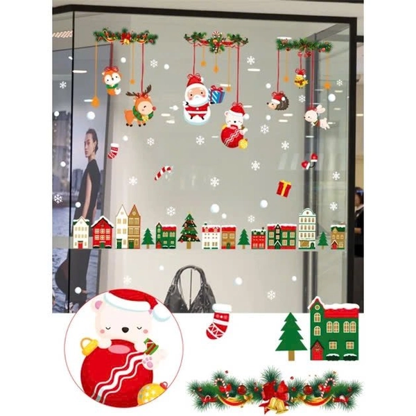 Combo 9 Tấm Decal Tĩnh Điện 2 Mặt Trang Trí Dây Treo Ông Già Noel Và Thành Phố Sắc Màu