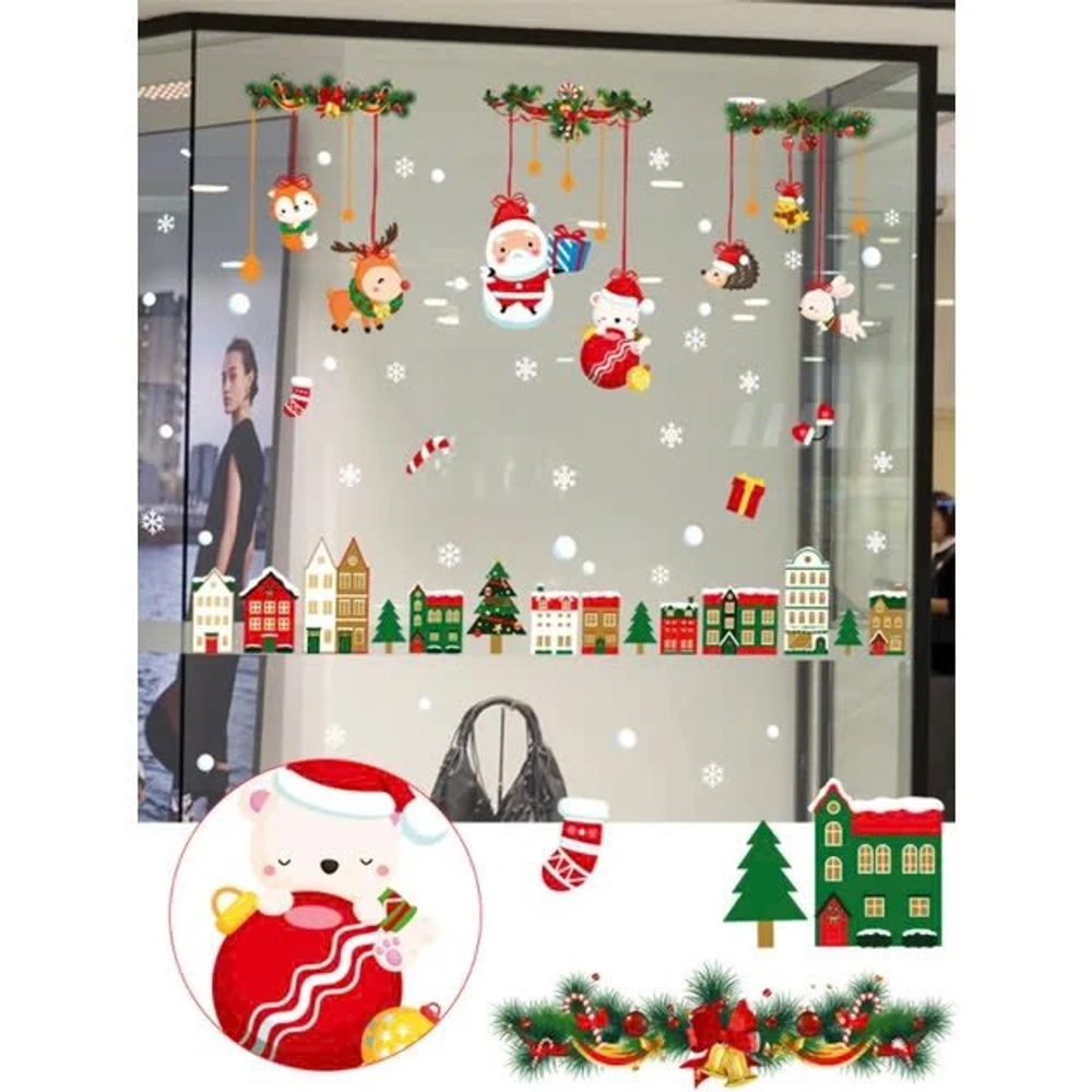 Combo 9 Tấm Decal Tĩnh Điện 2 Mặt Trang Trí Dây Treo Ông Già Noel Và Thành Phố Sắc Màu