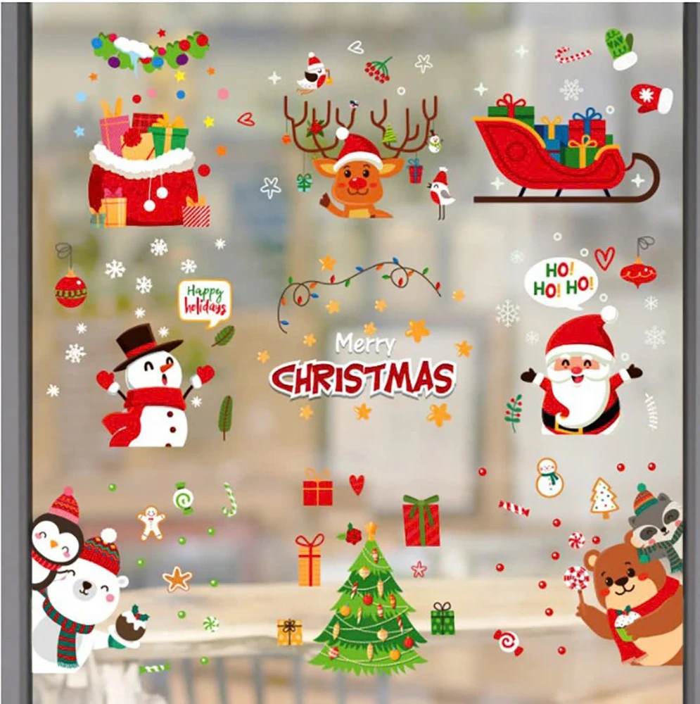 Combo 9 Tấm Decal Tĩnh Điện 2 Mặt Trang Trí Noel Gấu Nâu Và Người Tuyết Vui Đón Giáng Sinh