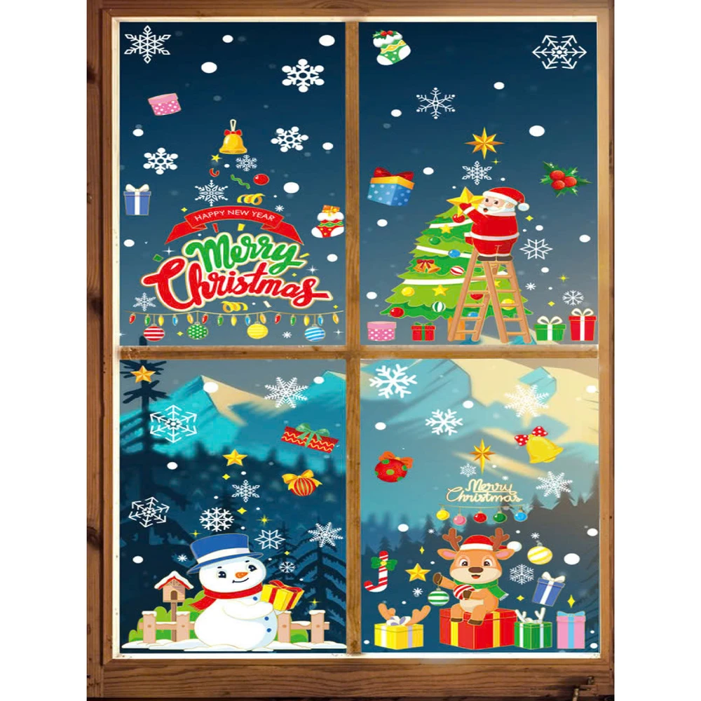 Combo 9 Tấm Decal Tĩnh Điện 2 Mặt Trang Trí Ông Già Noel Và Người Tuyết Trang Trí Cây Thông