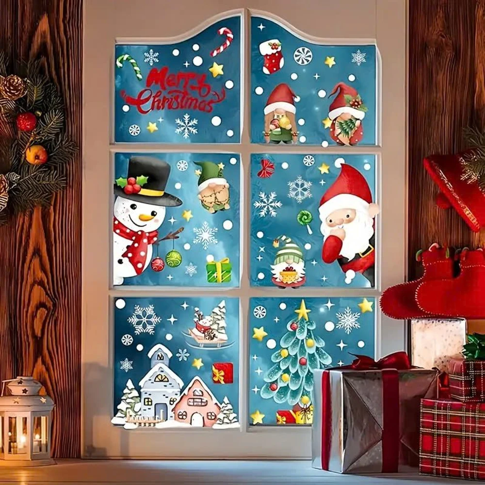 Combo 9 Tấm Decal Tĩnh Điện 2 Mặt Trang Trí Ông Già Noel Và Người Tuyết Vui Đón Giáng Sinh