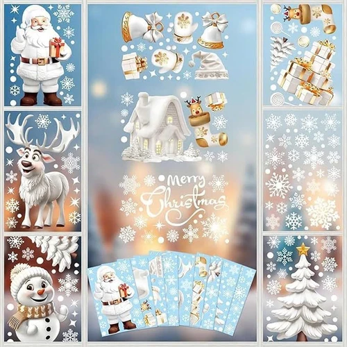 Combo 9 Tấm Decal Tĩnh Điện 2 Mặt Trang Trí Ông Già Noel Và Tuần Lộc Phủ Tuyết Trắng