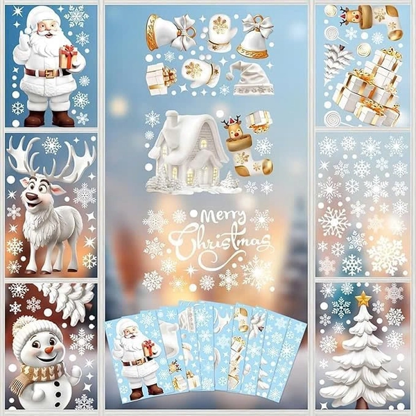 Combo 9 Tấm Decal Tĩnh Điện 2 Mặt Trang Trí Ông Già Noel Và Tuần Lộc Phủ Tuyết Trắng