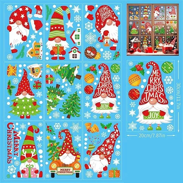 Combo 9 Tấm Decal Tĩnh Điện 2 Mặt Trang Trí Ông Già Noel Với Những Chiếc Nón Ngộ Nghĩnh