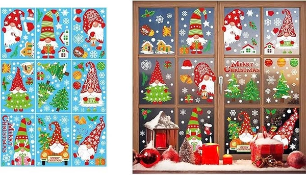 Combo 9 Tấm Decal Tĩnh Điện 2 Mặt Trang Trí Ông Già Noel Với Những Chiếc Nón Ngộ Nghĩnh