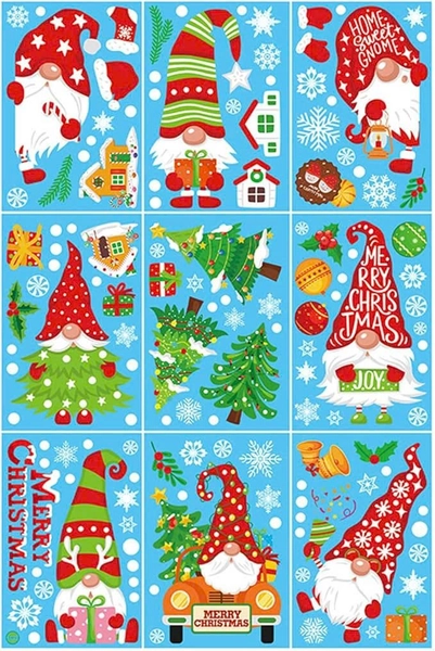 Combo 9 Tấm Decal Tĩnh Điện 2 Mặt Trang Trí Ông Già Noel Với Những Chiếc Nón Ngộ Nghĩnh