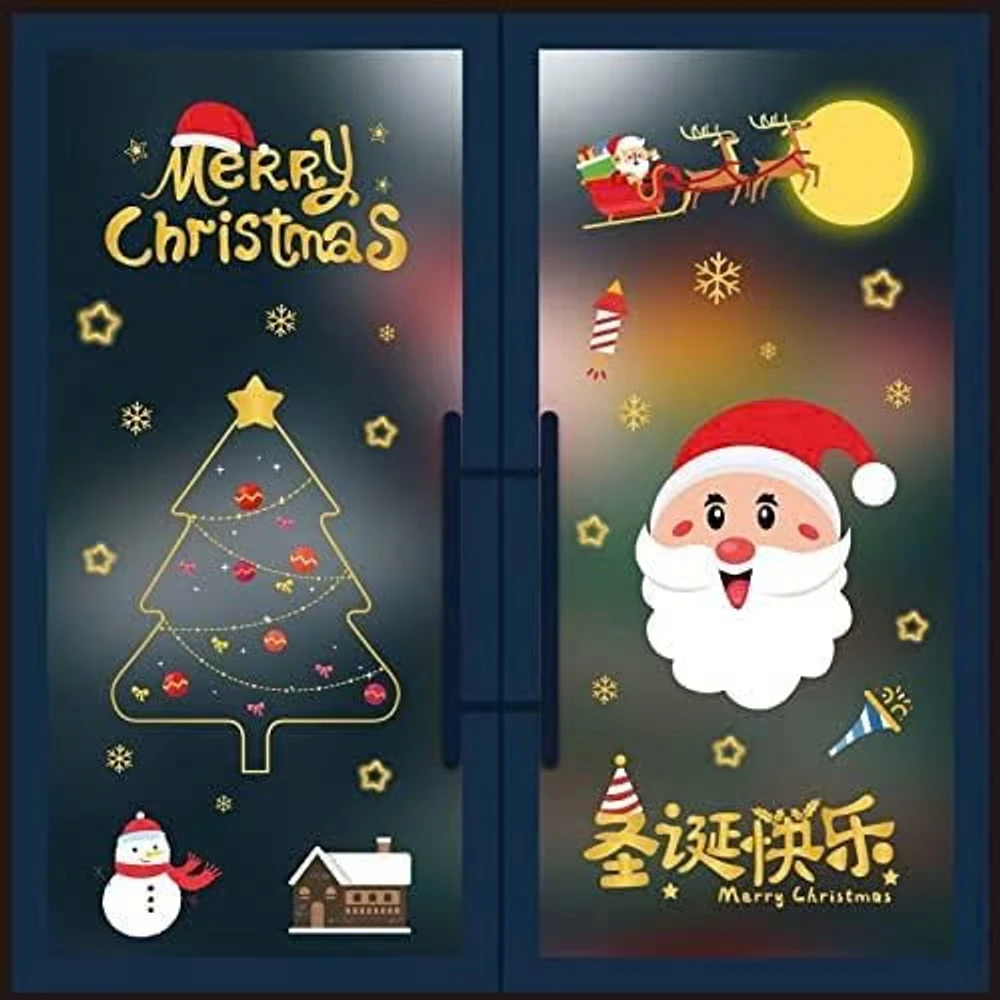 Decal Tĩnh Điện 2 Mặt Trang Trí Noel Ông Già Noel Và Cây Thông Viền Vàng