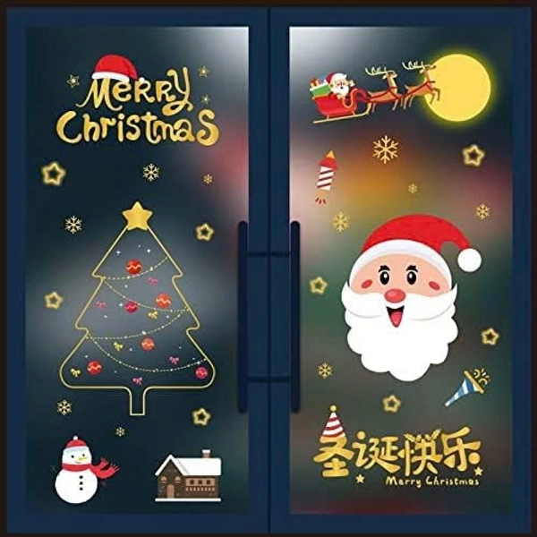 Decal Tĩnh Điện 2 Mặt Trang Trí Noel Ông Già Noel Và Cây Thông Viền Vàng