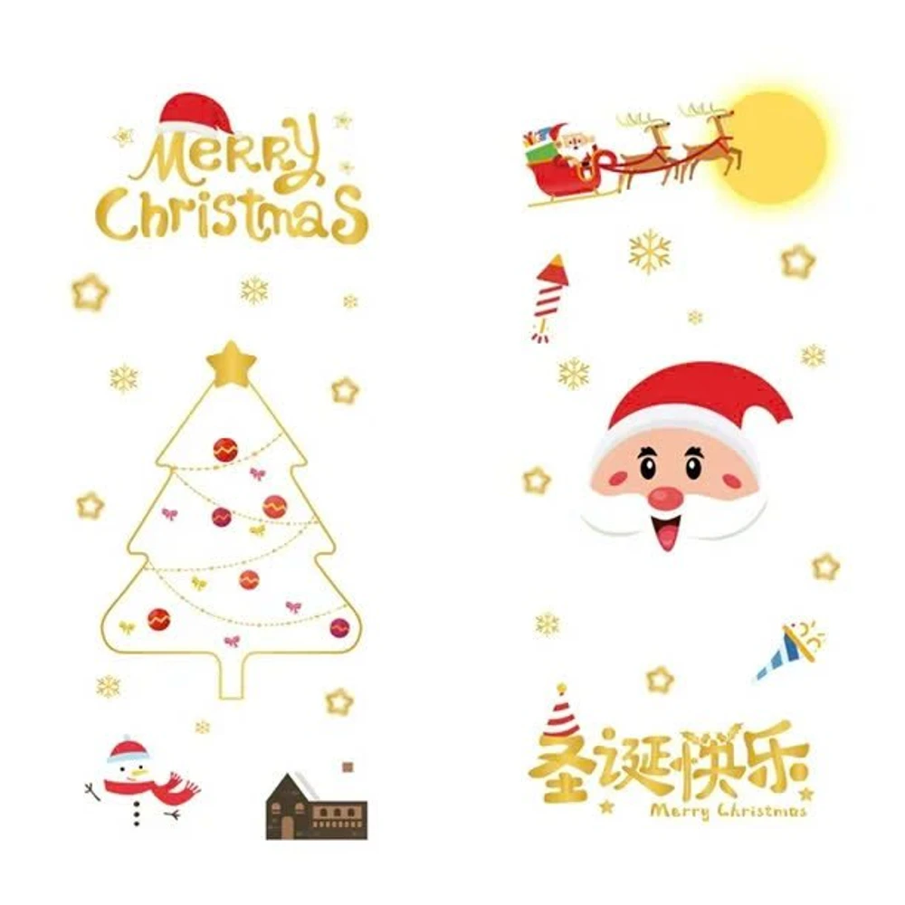 Decal Tĩnh Điện 2 Mặt Trang Trí Noel Ông Già Noel Và Cây Thông Viền Vàng