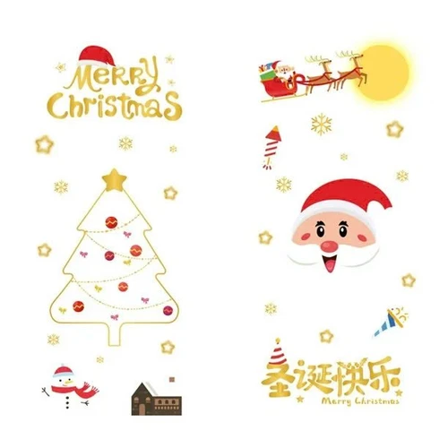 Decal Tĩnh Điện 2 Mặt Trang Trí Noel Ông Già Noel Và Cây Thông Viền Vàng