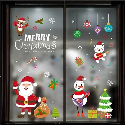 Decal Tĩnh Điện 2 Mặt Trang Trí Noel Ông Già Noel Và Người Tuyết Cầm Đàn
