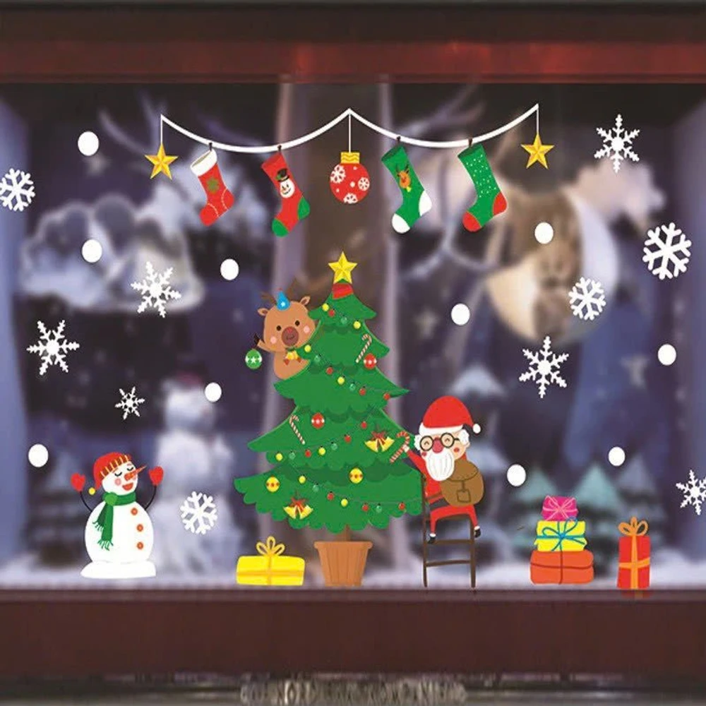 Decal Tĩnh Điện 2 Mặt Trang Trí Noel Ông Già Noel Và Tuần Lộc Trang Trí Cây Thông