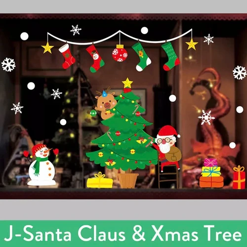 Decal Tĩnh Điện 2 Mặt Trang Trí Noel Ông Già Noel Và Tuần Lộc Trang Trí Cây Thông