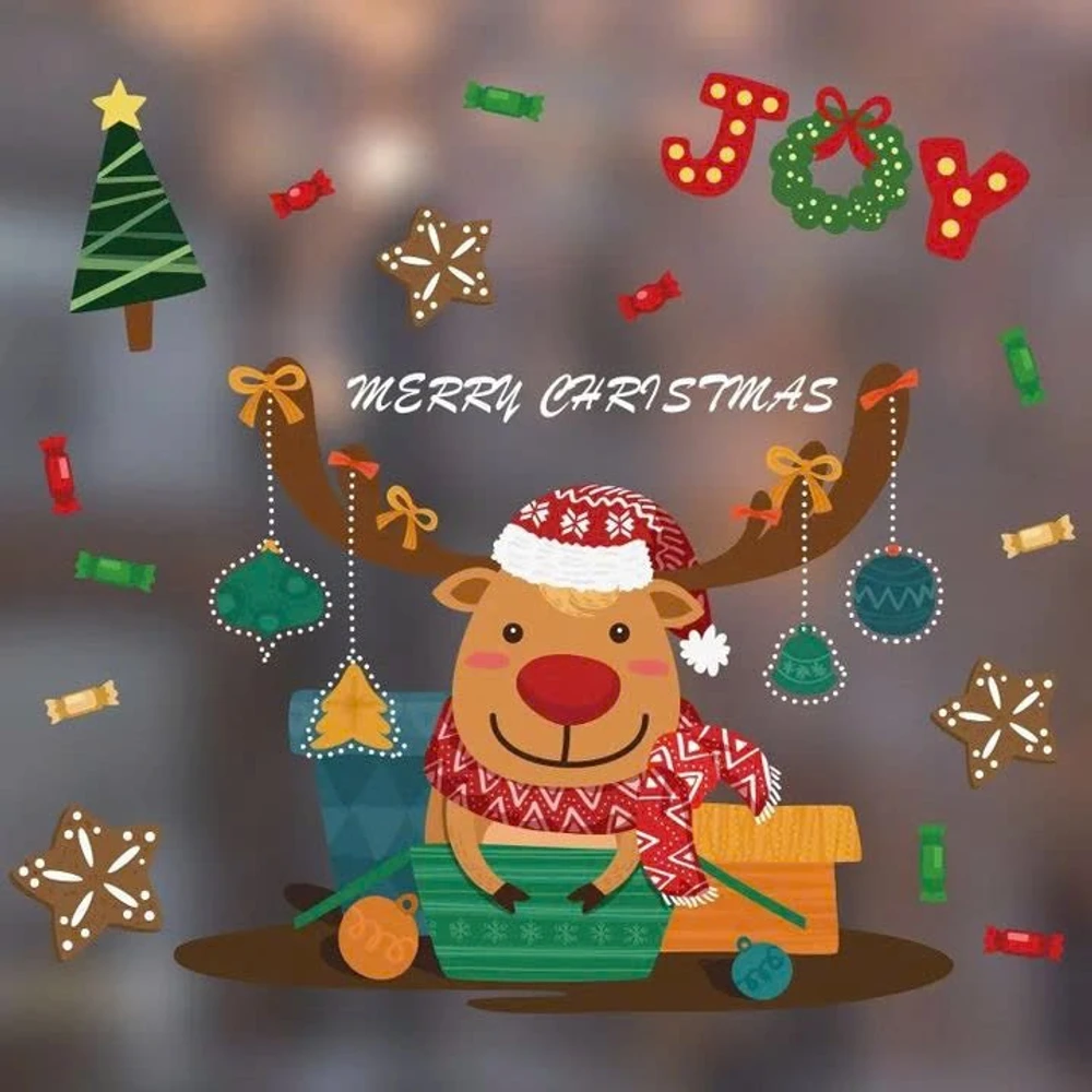 Decal Tĩnh Điện 2 Mặt Trang Trí Noel Tuần Lộc Vui Nhộn Đón Giáng Sinh