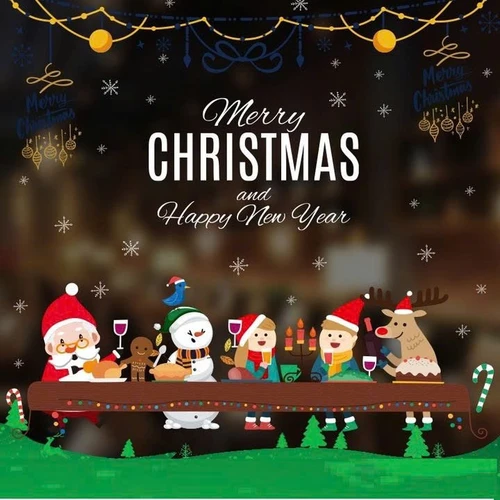 Decal Tĩnh Điện 2 Mặt Trang Trí Ông Già Noel Và Những Người Bạn Ăn Mừng Giáng Sinh