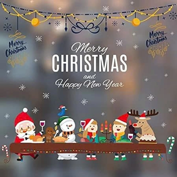 Decal Tĩnh Điện 2 Mặt Trang Trí Ông Già Noel Và Những Người Bạn Ăn Mừng Giáng Sinh