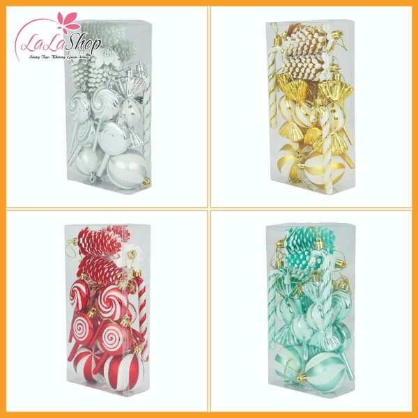 Hộp châu kẹo nhiều họa tiết nhiều màu treo trang trí noel