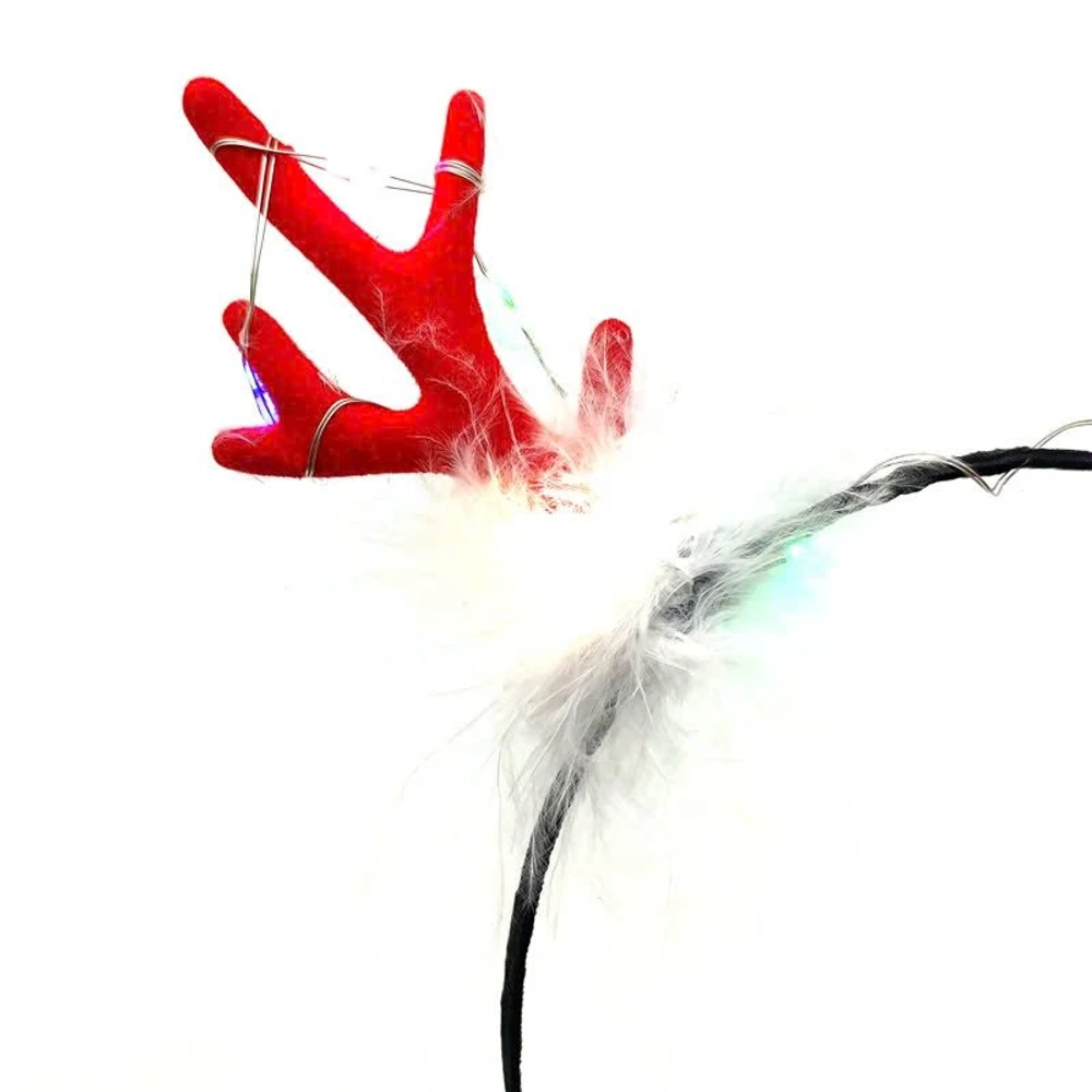 Băng đô noel sừng tuần lộc đỏ gắn bông trắng có đèn LED