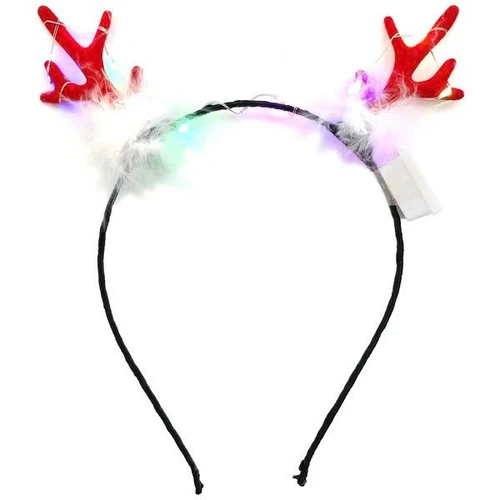 Băng đô noel sừng tuần lộc đỏ gắn bông trắng có đèn LED
