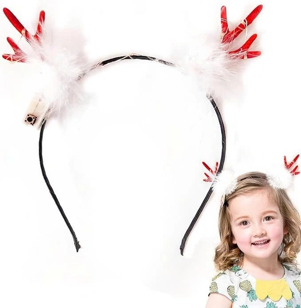 Băng đô noel sừng tuần lộc đỏ gắn bông trắng có đèn LED