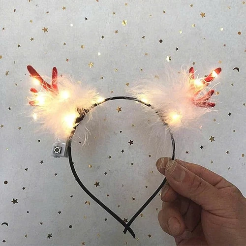Băng đô noel sừng tuần lộc đỏ gắn bông trắng có đèn LED