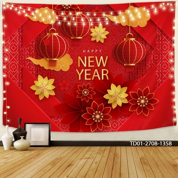 Tranh Vải Treo Tường Trang Trí Tết Happy New Year Lồng Đèn Đỏ Và Mai Đào Rực Rỡ