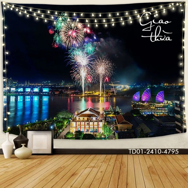 Tranh Vải Treo Tường Trang Trí Tết Pháo Hoa Rực Rỡ Đón Chào Năm Mới