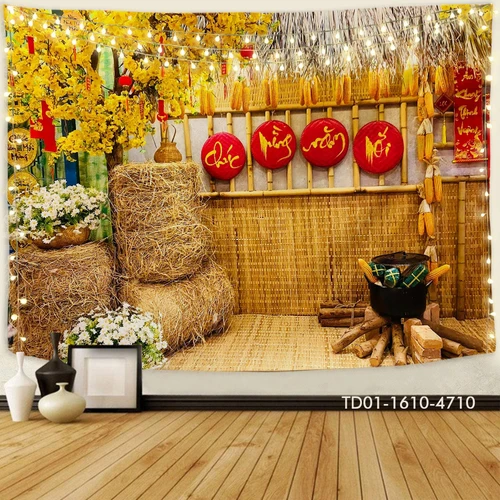 Tranh Vải Treo Tường Trang Trí Tết Tiểu Cảnh Chúc Mừng Năm Mới Mái Nhà Tranh