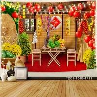 Tranh Vải Treo Tường Trang Trí Tết Tiểu Cảnh Mừng Xuân Chậu Tắc Vàng Bên Mâm Ngũ Quả