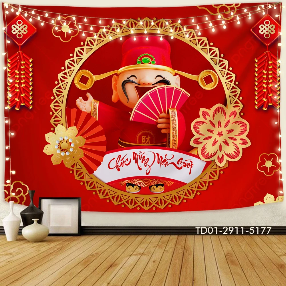 Tranh Vải Treo Tường Trang Trí Tết Chúc Mừng Năm Mới Thần Tài Đón Xuân