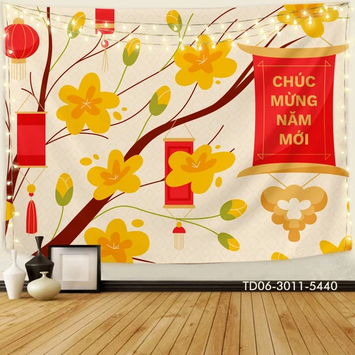 Tranh Vải Treo Tường Trang Trí Tết Mai Vàng Tài Lộc Mừng Năm Mới