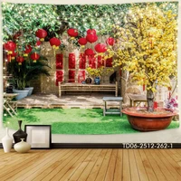 Tranh Vải Treo Tường Trang Trí Tết Mừng Xuân Mai Vàng Nở Rộ Trước Hiên Nhà