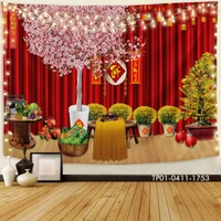 Tranh Vải Treo Tường Trang Trí Tết Tiểu Cảnh Đào Hồng Nở Rộ Đón Xuân Sang