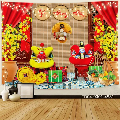Tranh Vải Treo Tường Trang Trí Tết Tiểu Cảnh Đôi Lân Tài Lộc Vui Đón Tết Đong Đầy