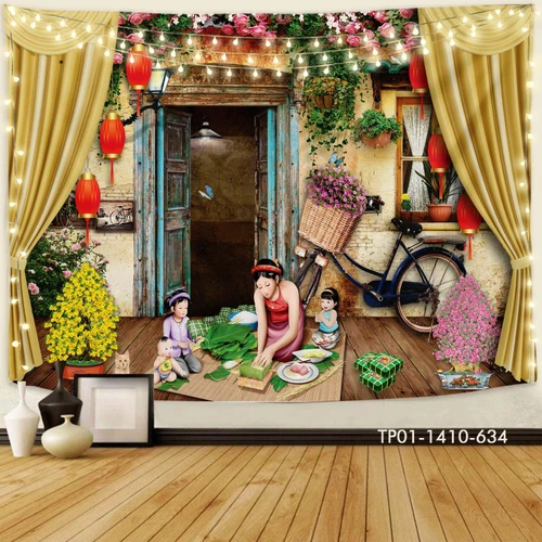 Tranh Vải Treo Tường Trang Trí Tết Tiểu Cảnh Gói Bánh Chưng Ngày Tết