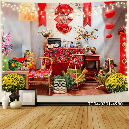 Tranh Vải Treo Tường Trang Trí Tết Tiểu Cảnh Mẹt Tết Đỏ Bên Dưa Hấu Bánh Chưng Xanh