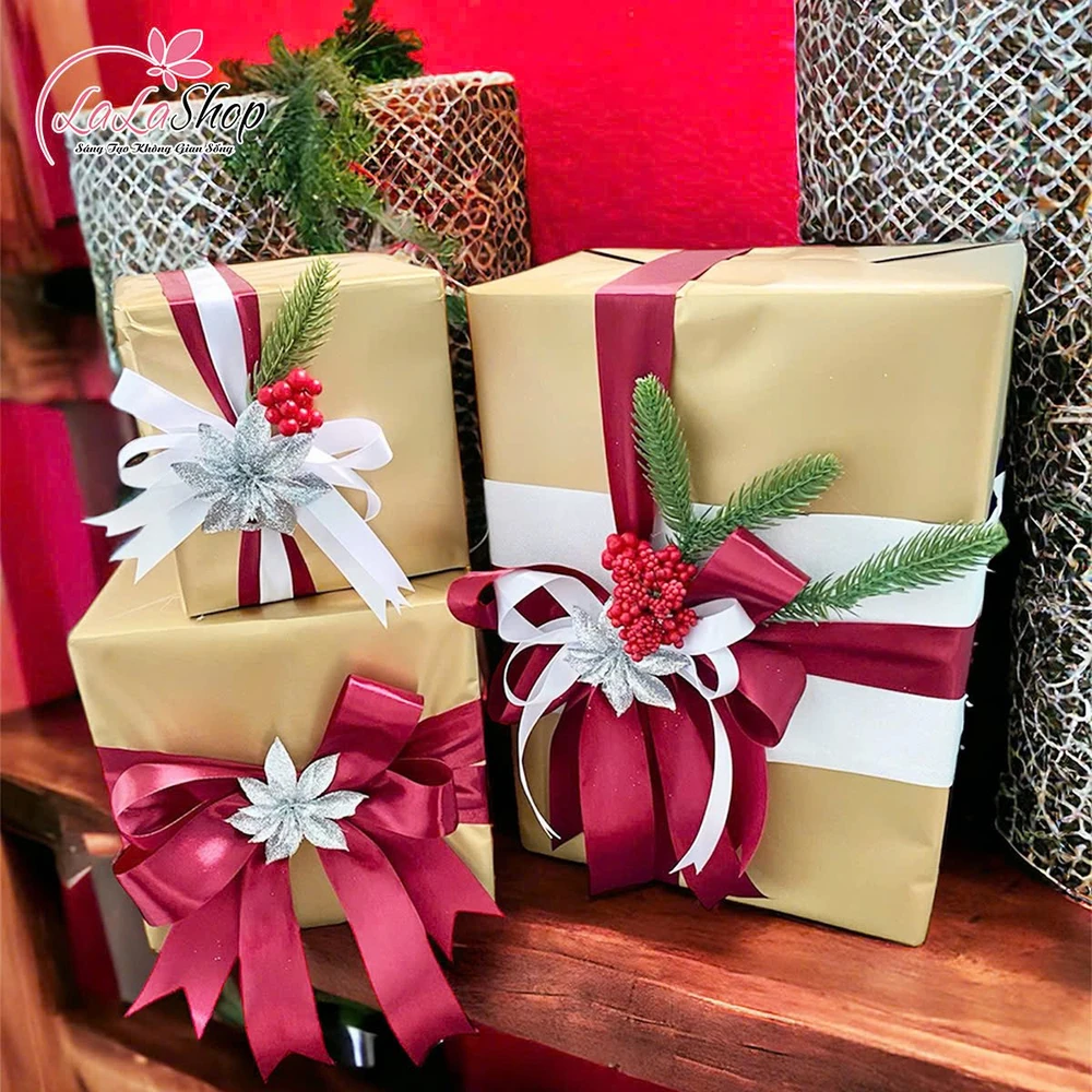 Set 3 hộp quà giáng sinh trang trí nơ trắng đỏ làm quà tặng Noel