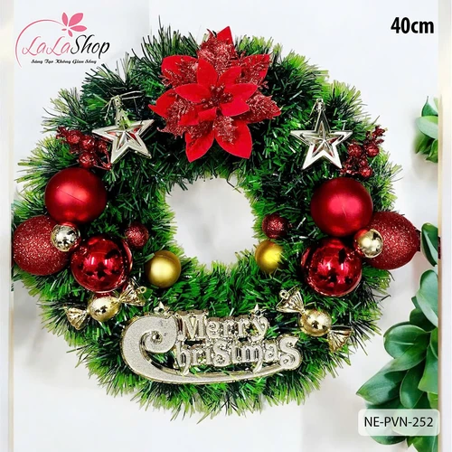 Vòng nguyệt quế Merry Christmas Hoa Đỏ Và Ngôi Sao Lấp Lánh Trang Trí Noel