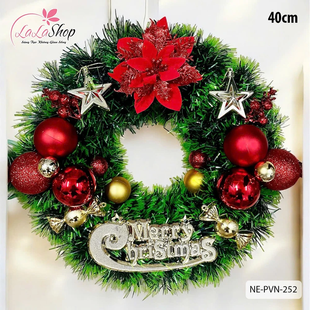 Vòng nguyệt quế Merry Christmas Hoa Đỏ Và Ngôi Sao Lấp Lánh Trang Trí Noel